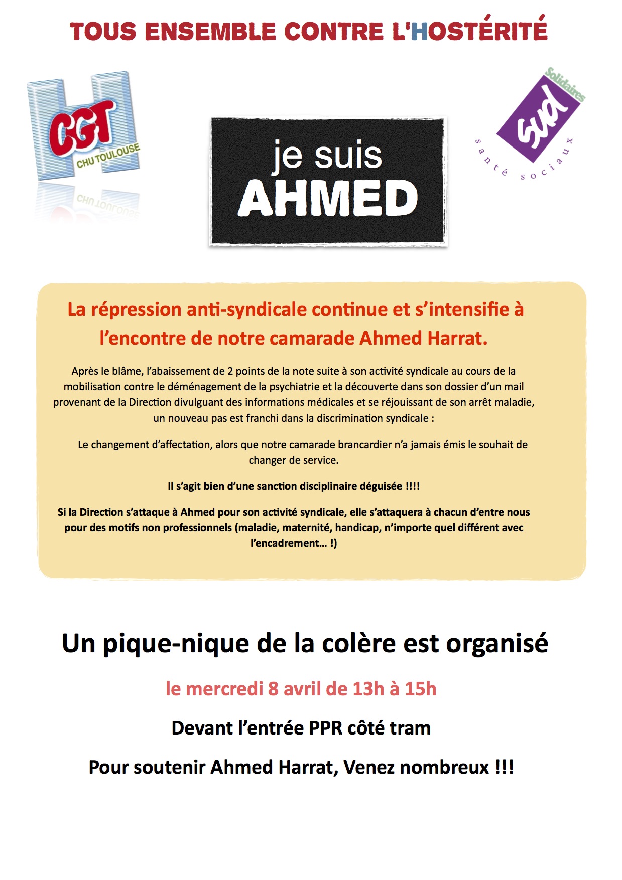 Je suis AHMED : Le 8 avril contre la répression antisyndicale au CHU