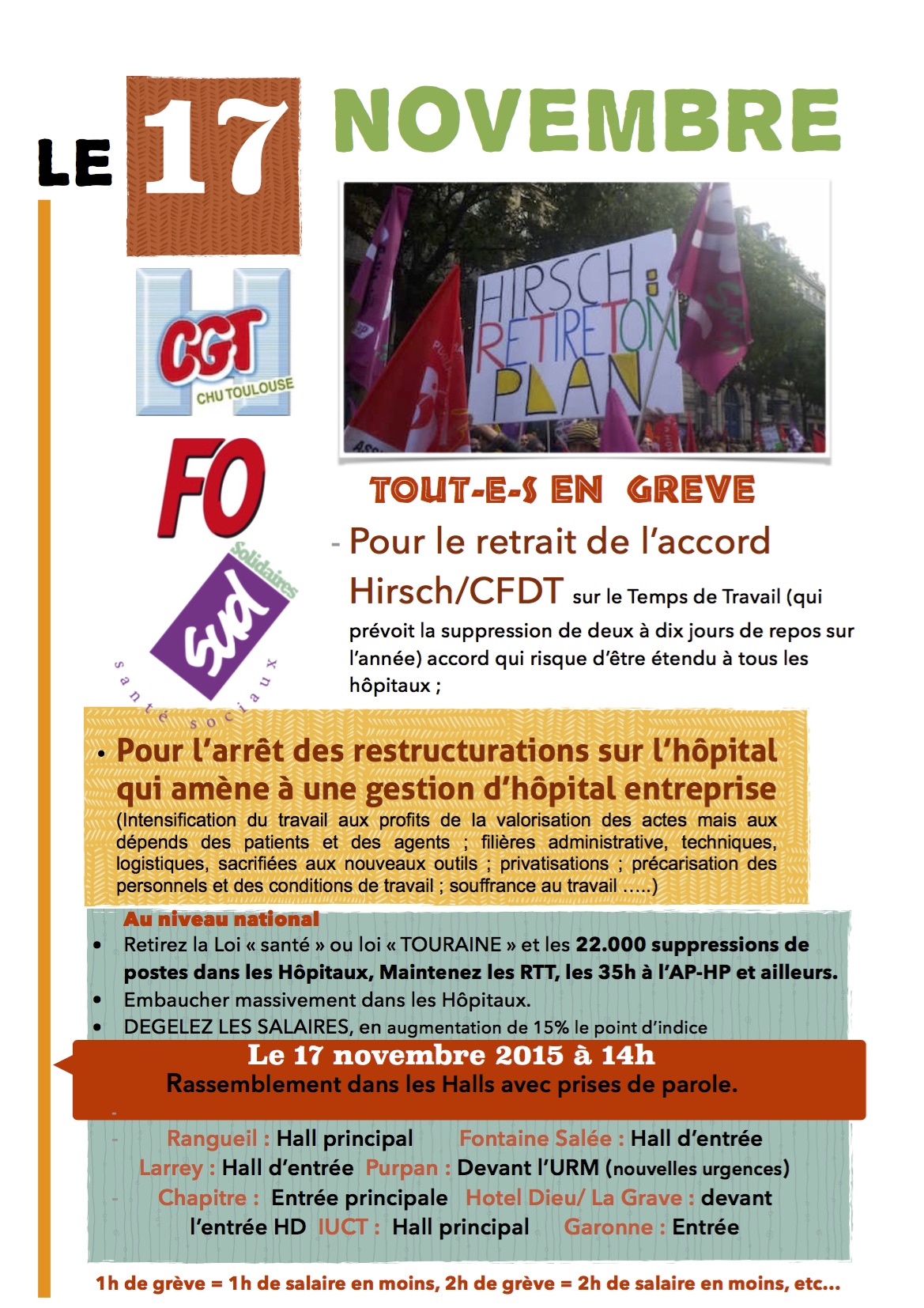Le 17 novembre Tous pour le retrait du plan Hirsch/CFDT et contre l’Hôstérité