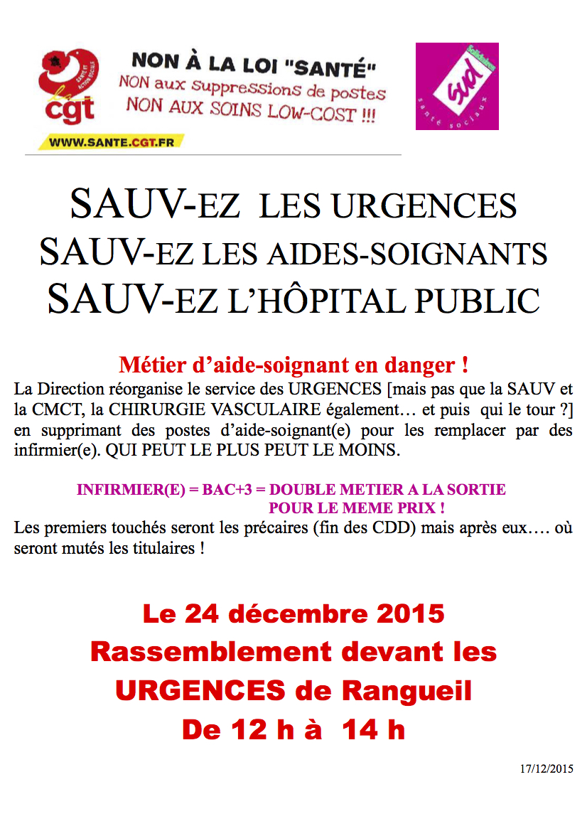 Rassemblement soutien à la grève des urgences de Rangueil le 24 décembre 2015.