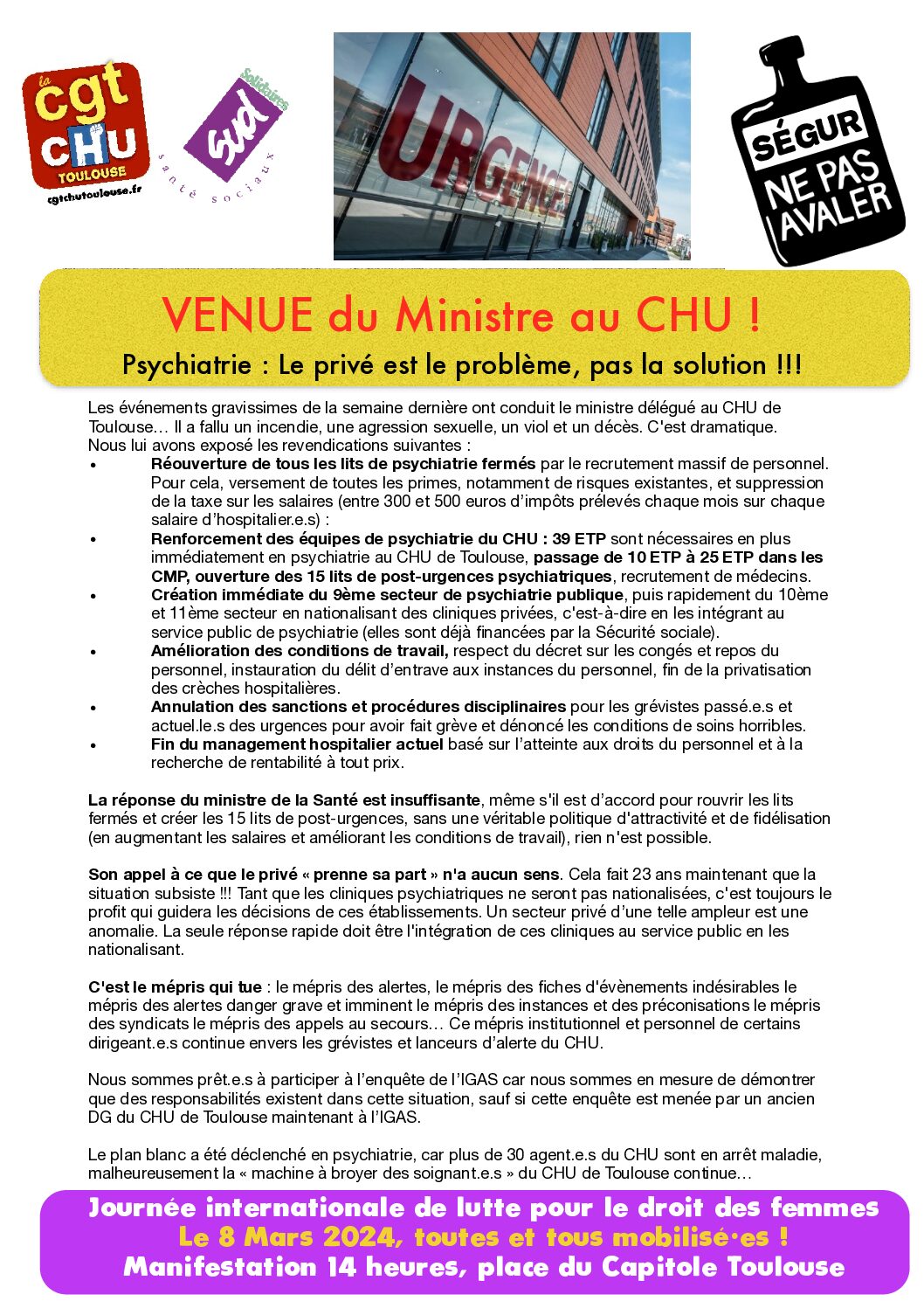 Sabotage psychiatrie publique : Venue du DG de l’ARS au CHU de Toulouse