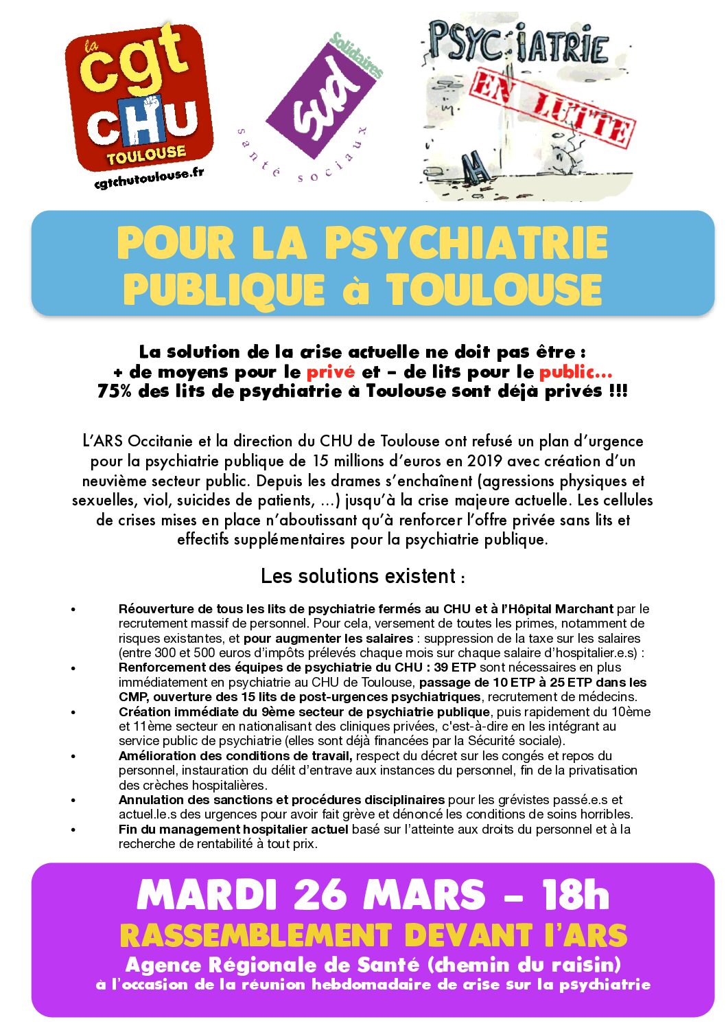 Mardi 26 mars, rassemblement pour la psychiatrie publique à Toulouse