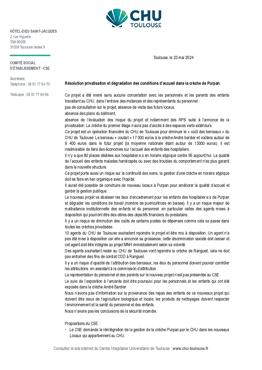 Le CSE du CHU de Toulouse se prononce contre la privatisation de la crèche de Purpan