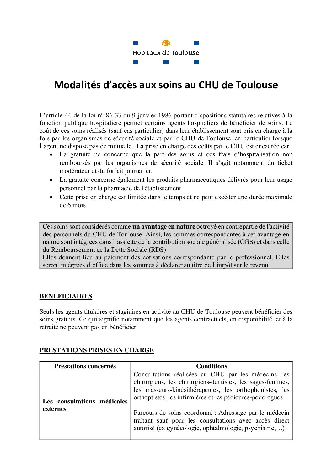 Formulaire de prise en charge soins gratuits pour les agents du CHU de Toulouse.